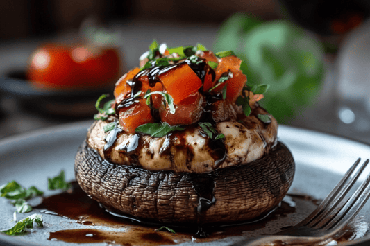 Hongos portobello rellenos caprese con esmalte balsámico