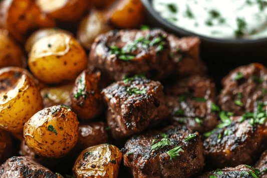Cena del sábado por la noche: bordes de filete de mantequilla de ajo con papas tostadas y alioli de hierbas