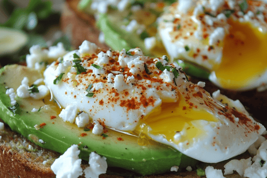 Brunch dominical: tostadas de aguacate con huevos escalfados, queso feta y aceite de chile