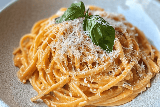 Pasta de ajo de tomate cremoso rápido con albahaca y parmesano
