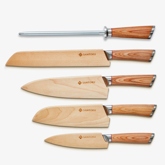 Haruta 5-Piece VG10 Japanese Damascus Steel Kitchen Knife Set with Wooden Handles & Scabbards