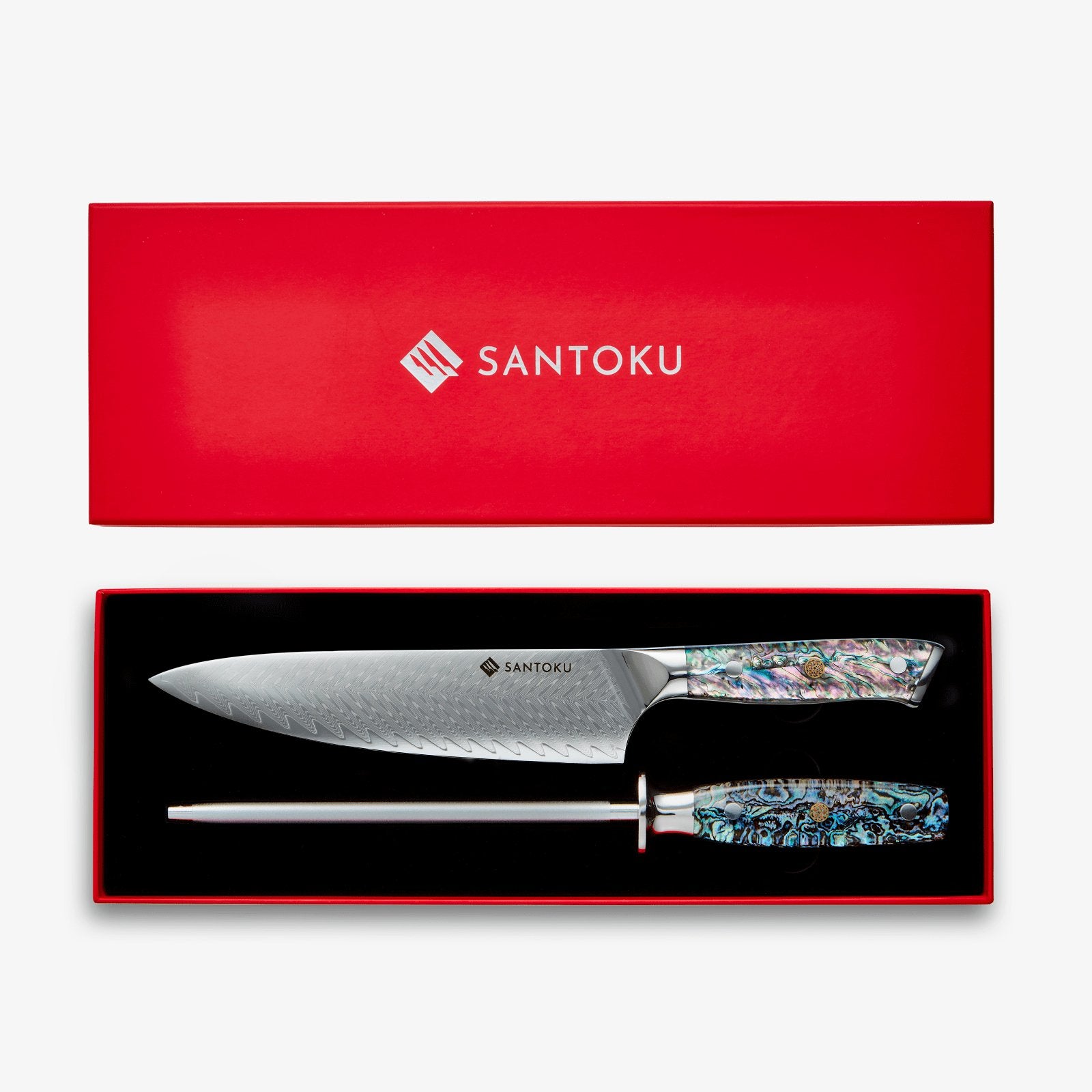 Chikashi (ちかし) Damascus Chef Knife & Steel Set With Abalone Handle santokuknives