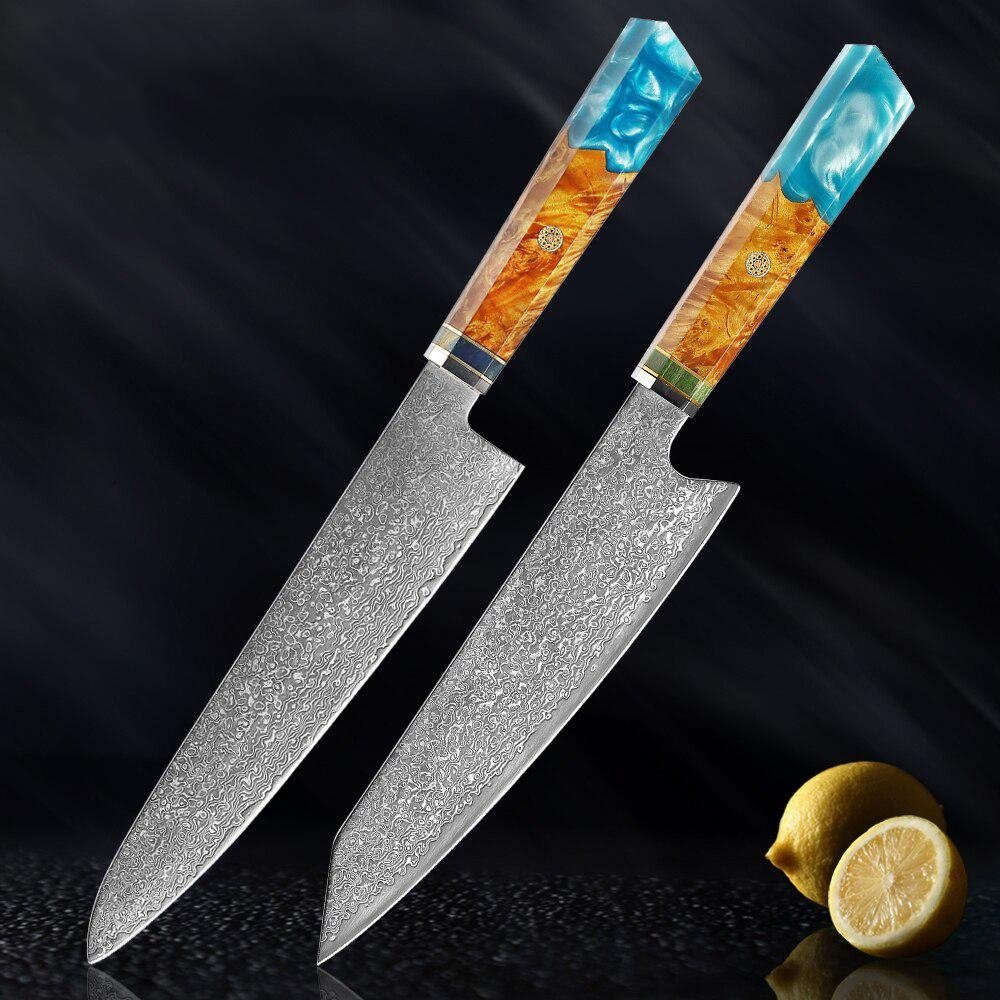 Cuchillos de acero de Makito Damasco con mango de resina azul de color