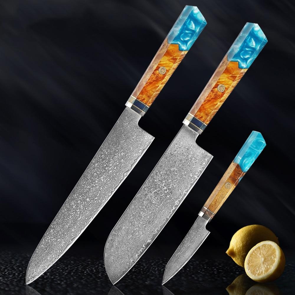 Cuchillos de acero de Makito Damasco con mango de resina azul de color