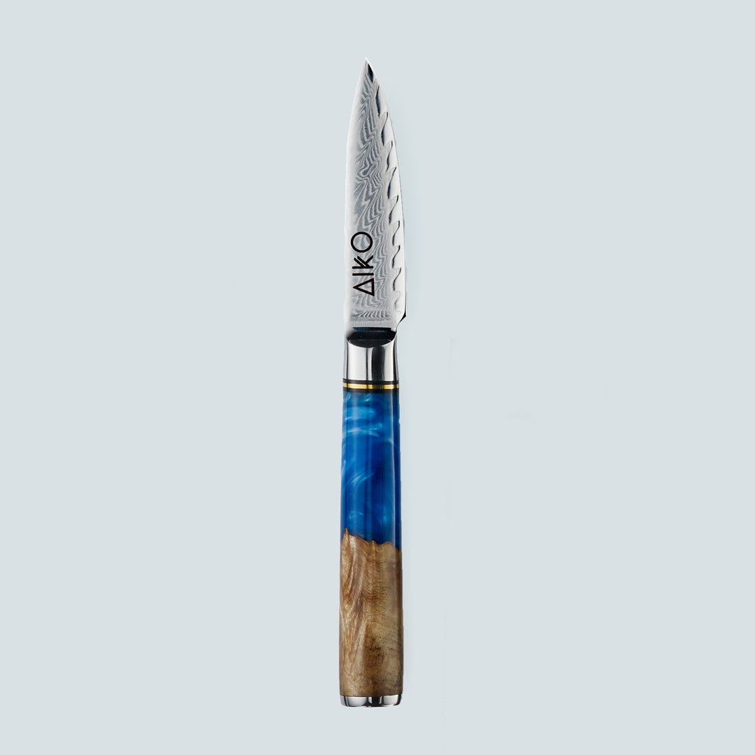 AIKO Azul (あいこ あいこ アイコ アイコ アイコ アイコ) Cuchillo de acero Damasco con mango de resina azul de color