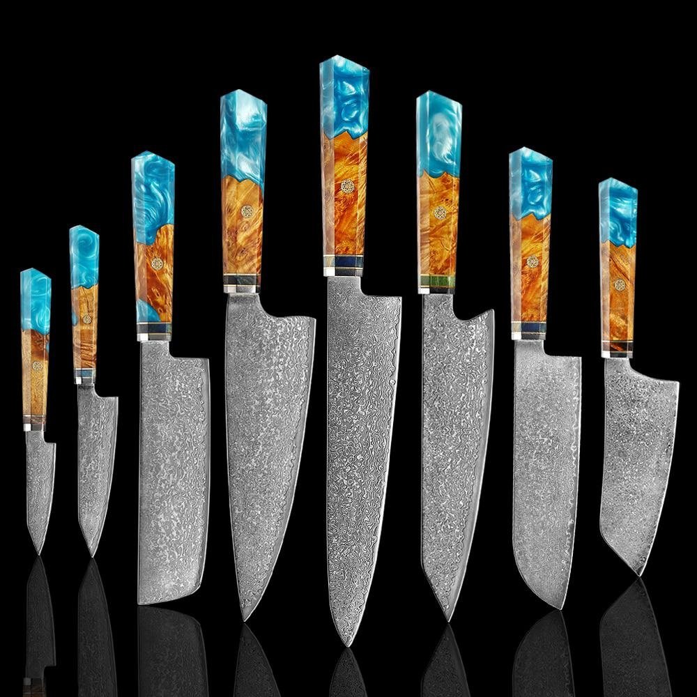 Cuchillos de acero de Makito Damasco con mango de resina azul de color