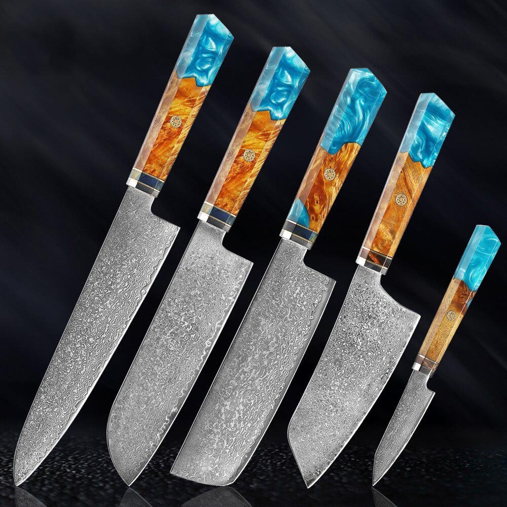 Cuchillos de acero de Makito Damasco con mango de resina azul de color