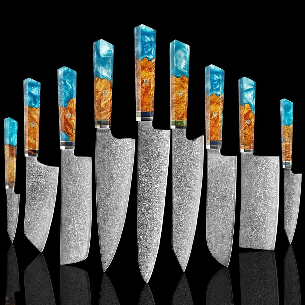 Cuchillos de acero de Makito Damasco con mango de resina azul de color