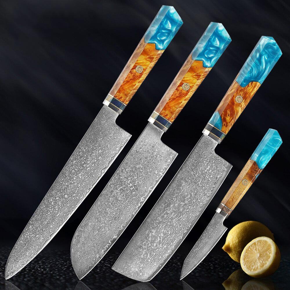 Cuchillos de acero de Makito Damasco con mango de resina azul de color