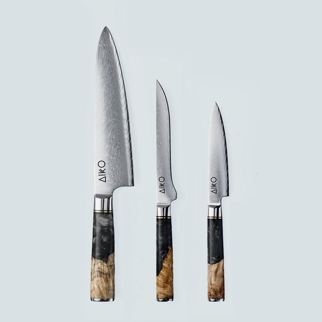 Aiko Black (あいこ あいこ, アイコ) Cuchillo de acero Damasco con mango de resina negra de color