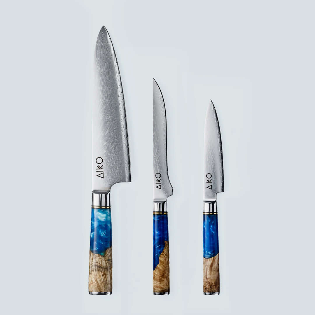 AIKO Azul (あいこ あいこ アイコ アイコ アイコ アイコ) Cuchillo de acero Damasco con mango de resina azul de color