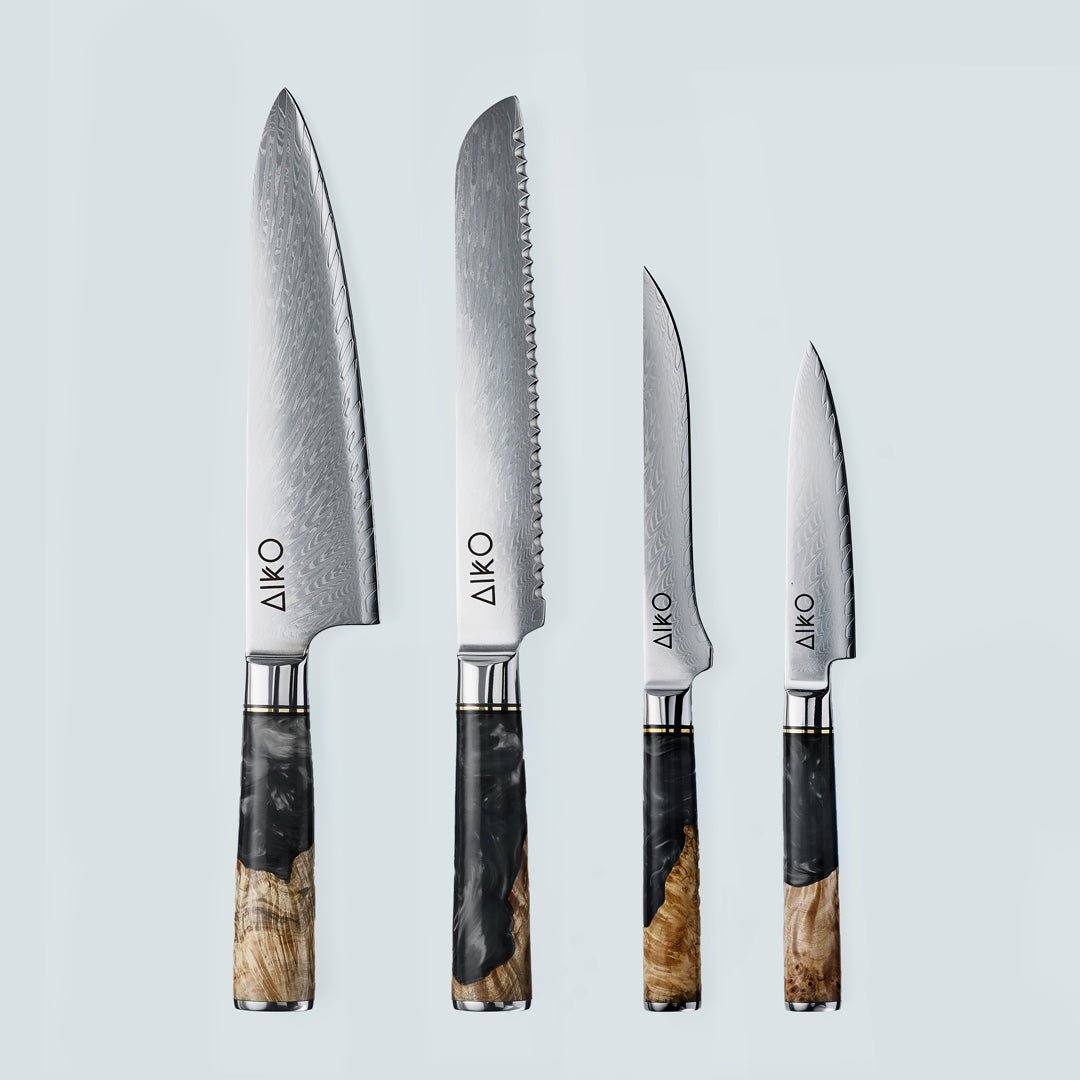 Aiko Black (あいこ あいこ, アイコ) Cuchillo de acero Damasco con mango de resina negra de color