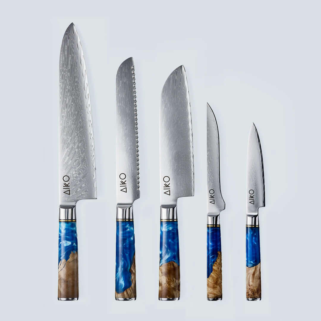 AIKO Azul (あいこ あいこ アイコ アイコ アイコ アイコ) Cuchillo de acero Damasco con mango de resina azul de color
