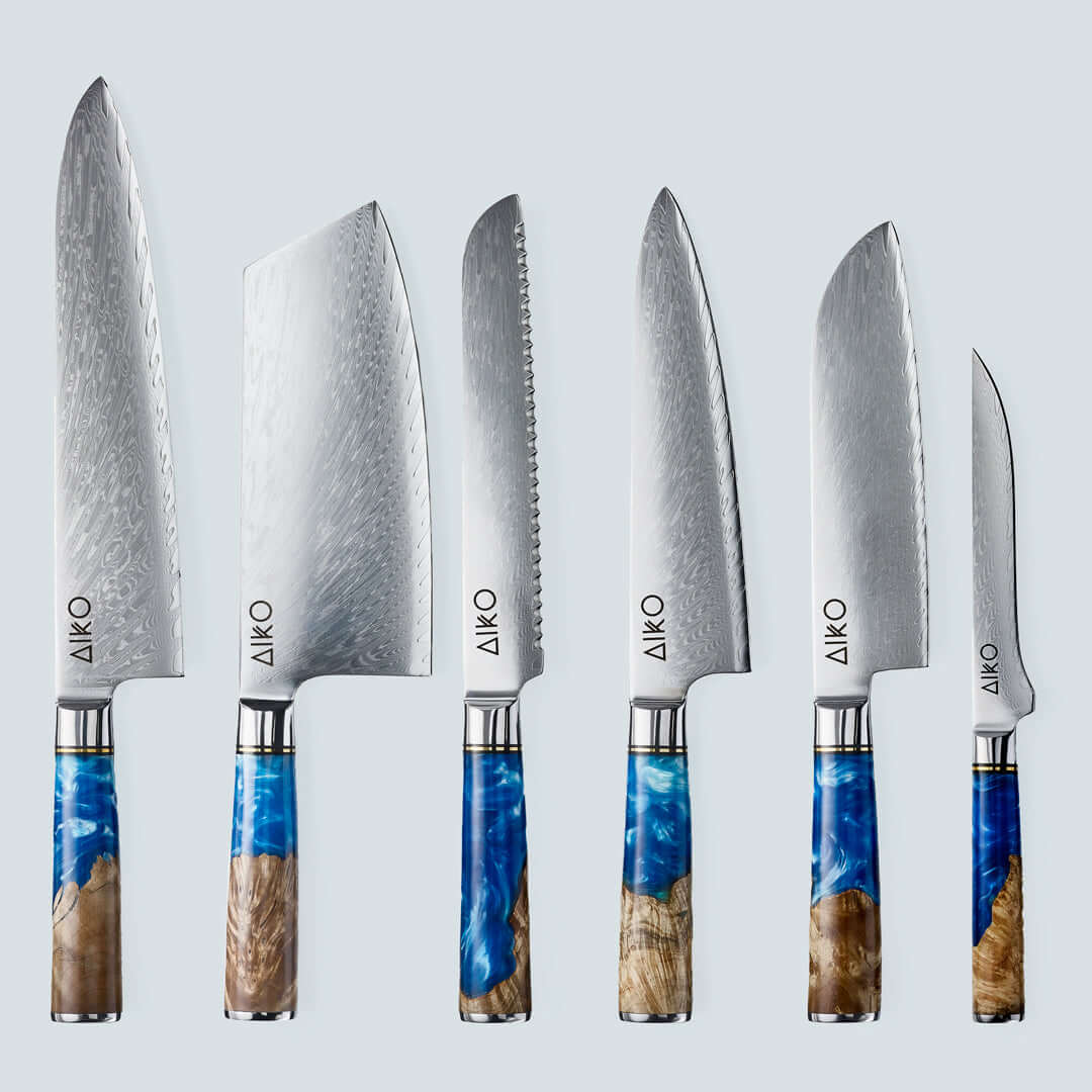 AIKO Azul (あいこ あいこ アイコ アイコ アイコ アイコ) Cuchillo de acero Damasco con mango de resina azul de color