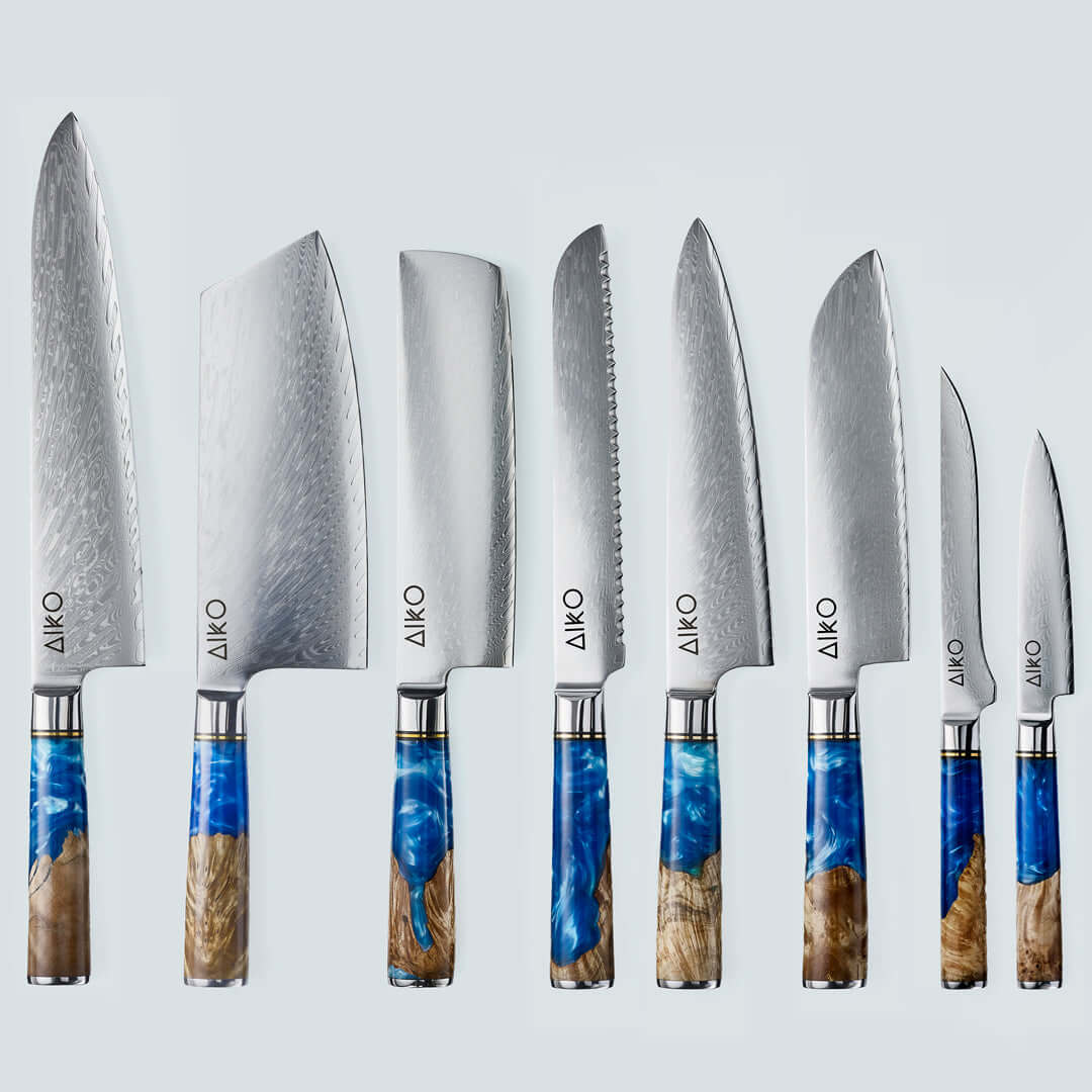 AIKO Azul (あいこ あいこ アイコ アイコ アイコ アイコ) Cuchillo de acero Damasco con mango de resina azul de color