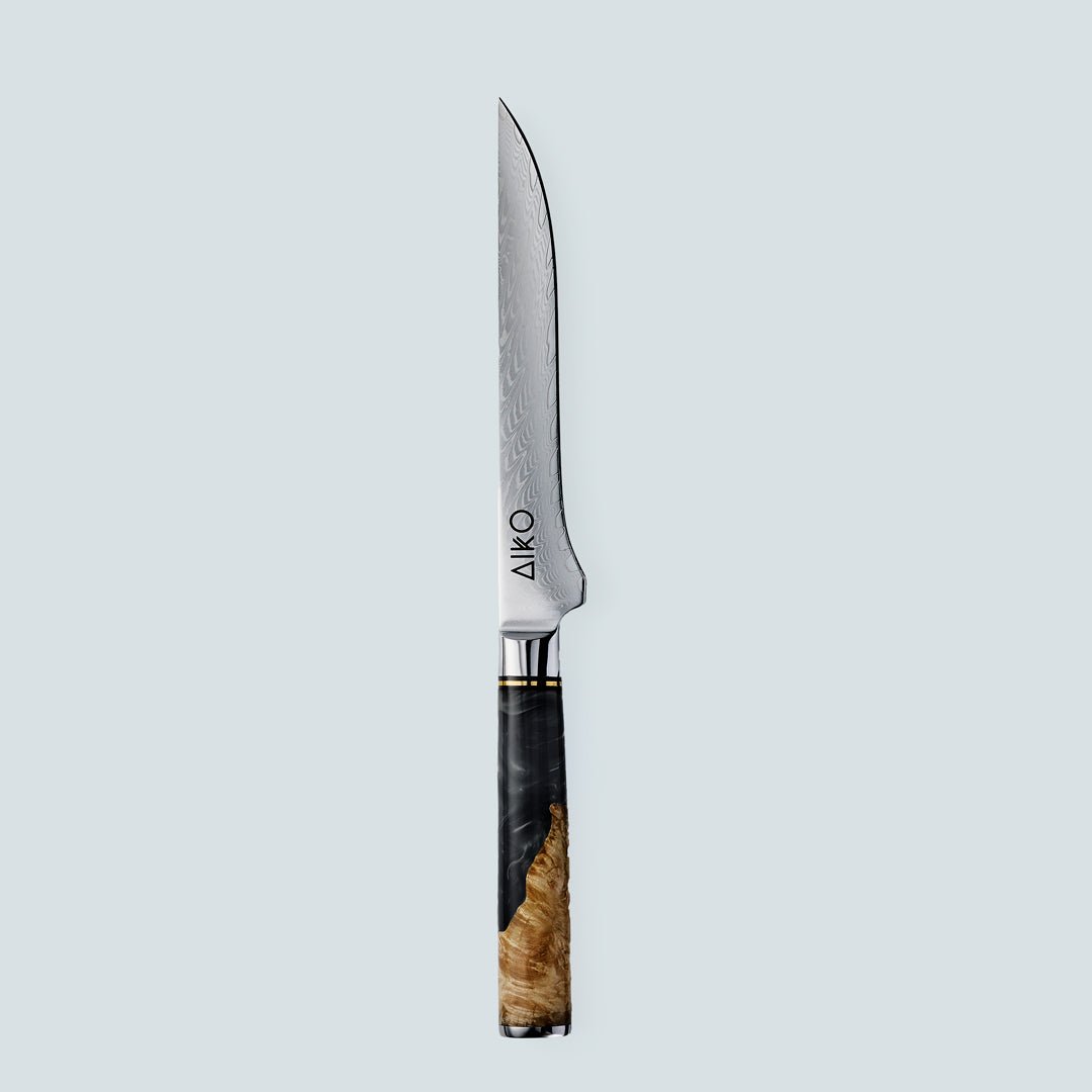 Aiko Black (あいこ あいこ, アイコ) Cuchillo de acero Damasco con mango de resina negra de color