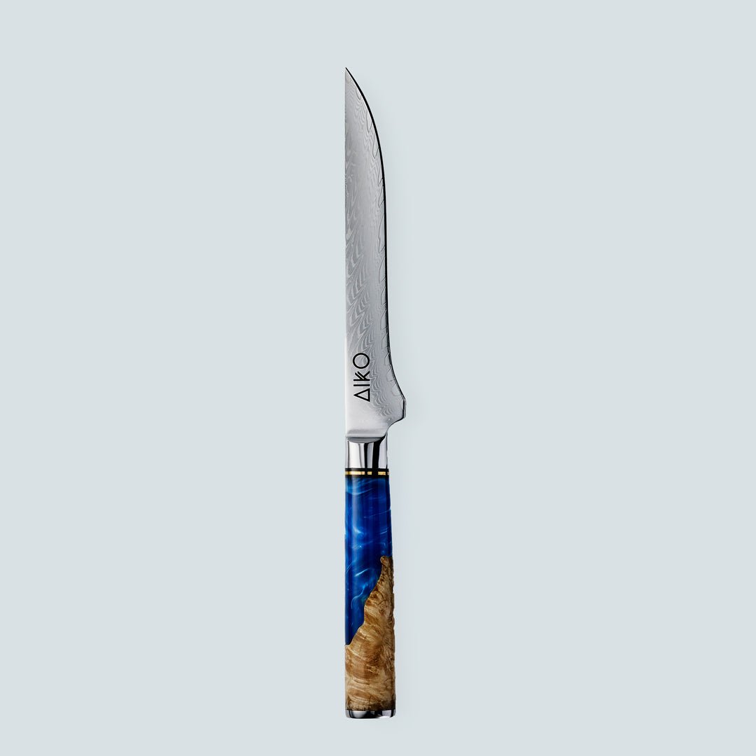 AIKO Azul (あいこ あいこ アイコ アイコ アイコ アイコ) Cuchillo de acero Damasco con mango de resina azul de color