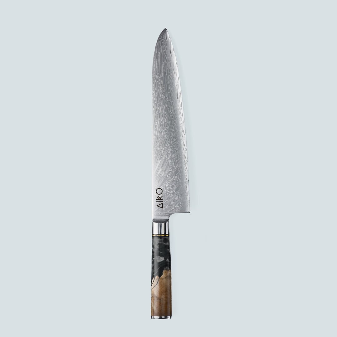 Aiko Black (あいこ あいこ, アイコ) Cuchillo de acero Damasco con mango de resina negra de color