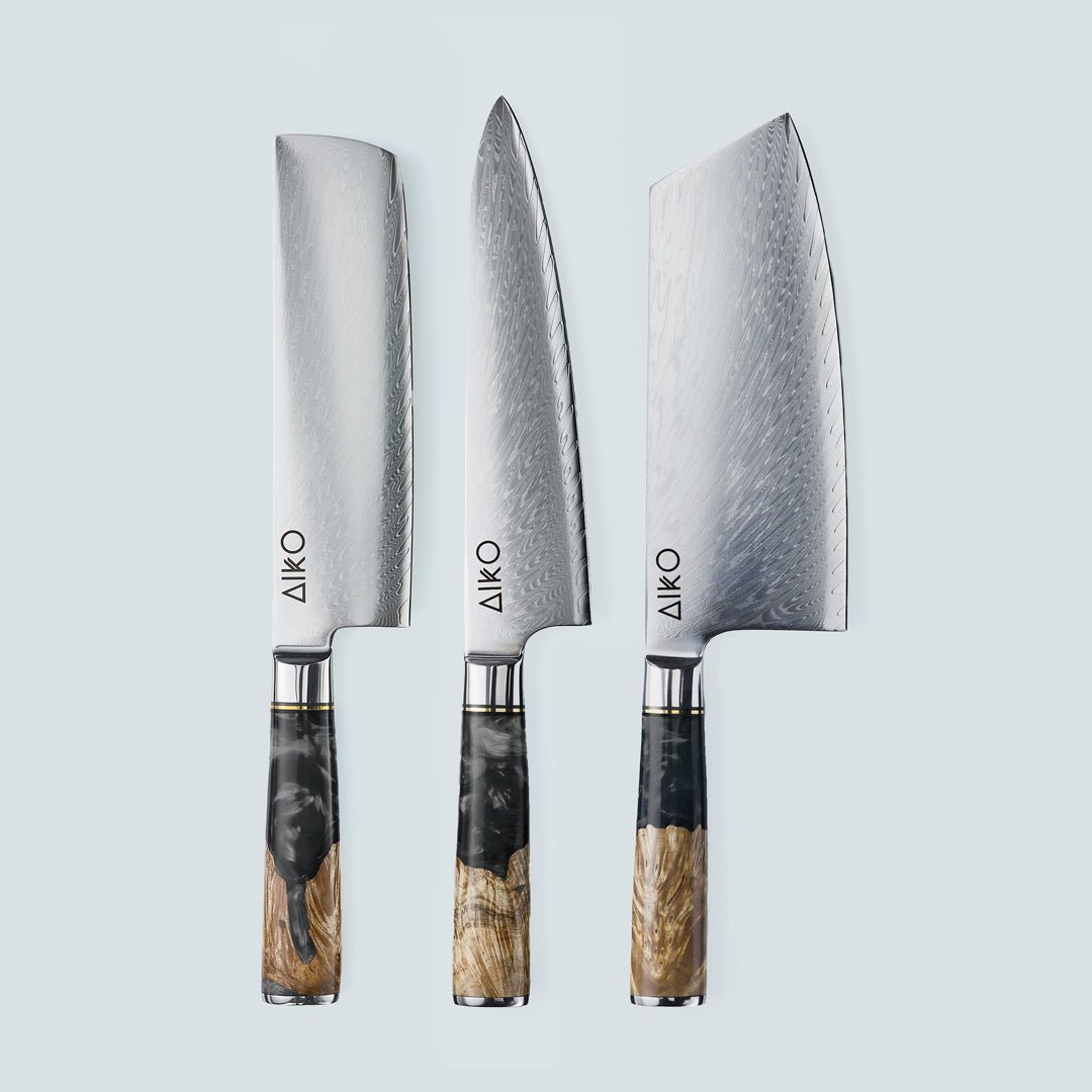 Aiko Black (あいこ あいこ, アイコ) Cuchillo de acero Damasco con mango de resina negra de color