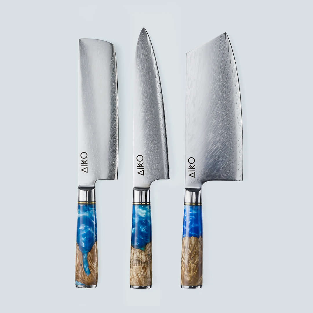AIKO Azul (あいこ あいこ アイコ アイコ アイコ アイコ) Cuchillo de acero Damasco con mango de resina azul de color