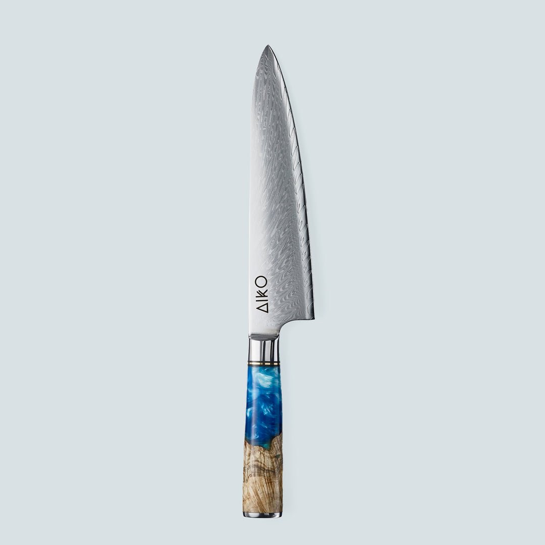 AIKO Azul (あいこ あいこ アイコ アイコ アイコ アイコ) Cuchillo de acero Damasco con mango de resina azul de color