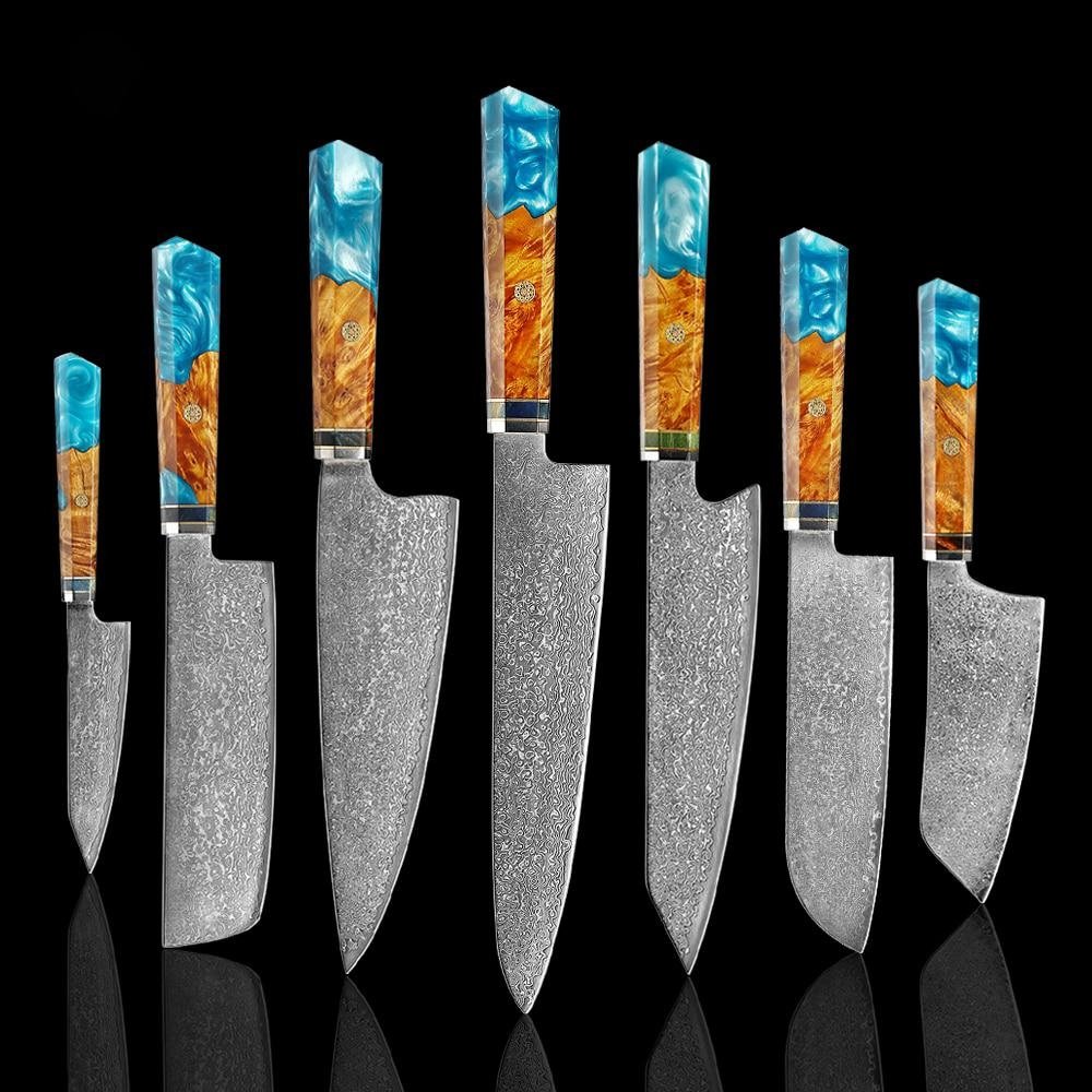 Cuchillos de acero de Makito Damasco con mango de resina azul de color