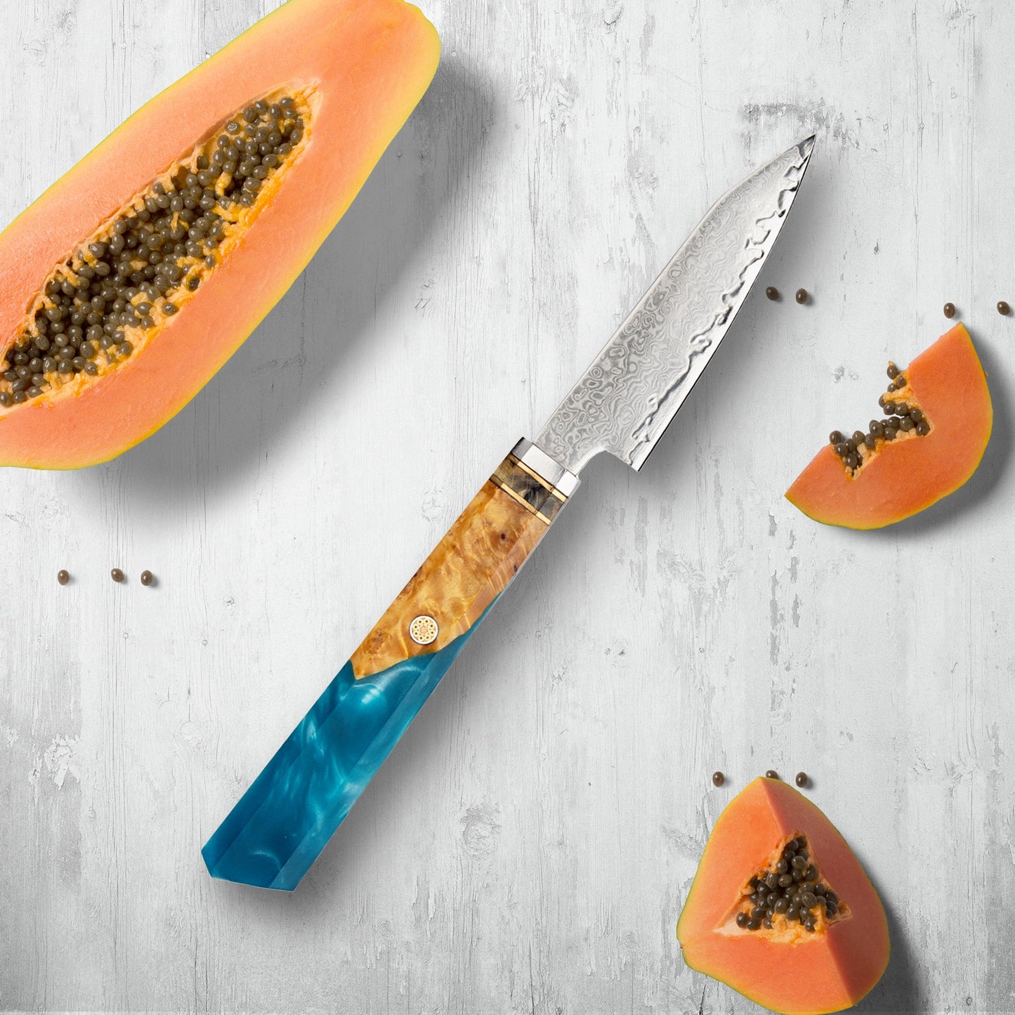 Cuchillos de acero de Makito Damasco con mango de resina azul de color