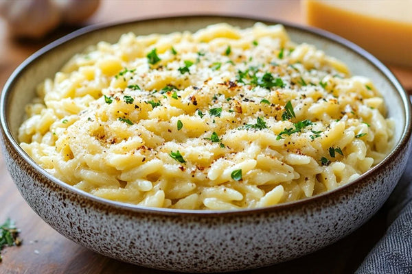 Ajo cremoso parmesano orzo