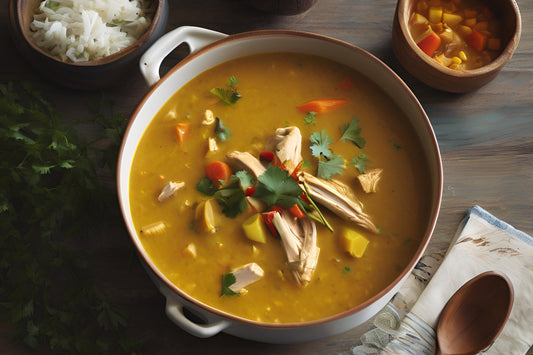 Sopa de mulligatawny con pollo y verduras