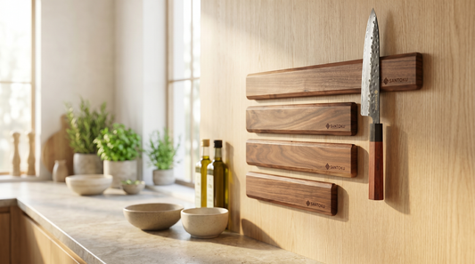 Acacia wood magnetic wall knife rack holding Japanese Damascus knives in a bright modern kitchen