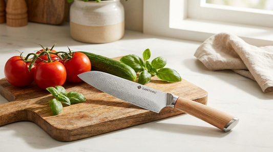 A double-bevel Haruta Damascus santoku knife on a wooden board — comfortable for left- or right-handed use