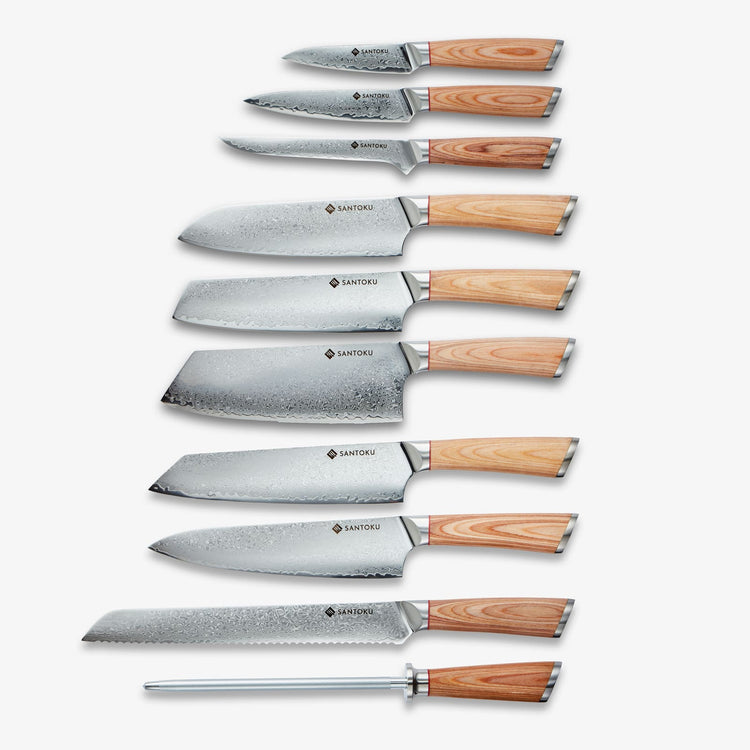 Haruta Juego de cuchillos de cocina japoneses de acero damasco VG10 de 10 piezas con mangos y fundas de madera