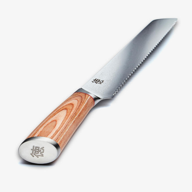 Haruta de 10 pulgadas VG10 Cuchillo de pan de acero japonés Damasco con mango de madera y vaina