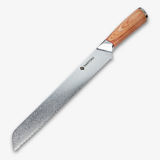 Haruta de 10 pulgadas VG10 Cuchillo de pan de acero japonés Damasco con mango de madera y vaina