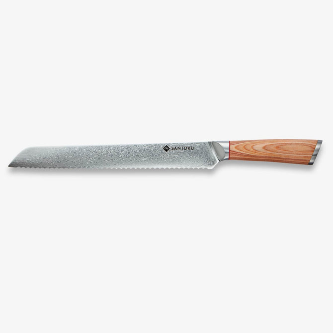 Haruta de 10 pulgadas VG10 Cuchillo de pan de acero japonés Damasco con mango de madera y vaina