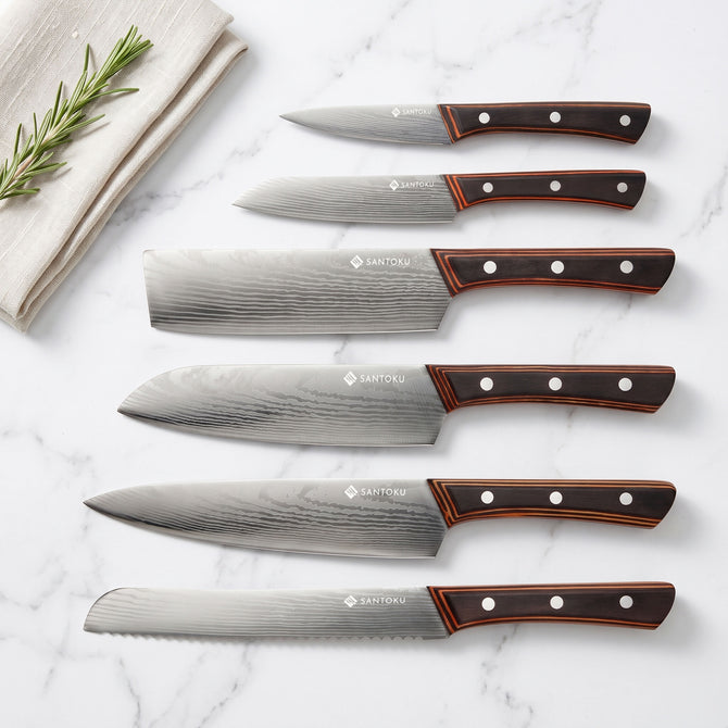 Yuhi Juego de cuchillos de cocina con diseño de Damasco de 6 piezas con mangos de madera de Pakka y caja de regalo