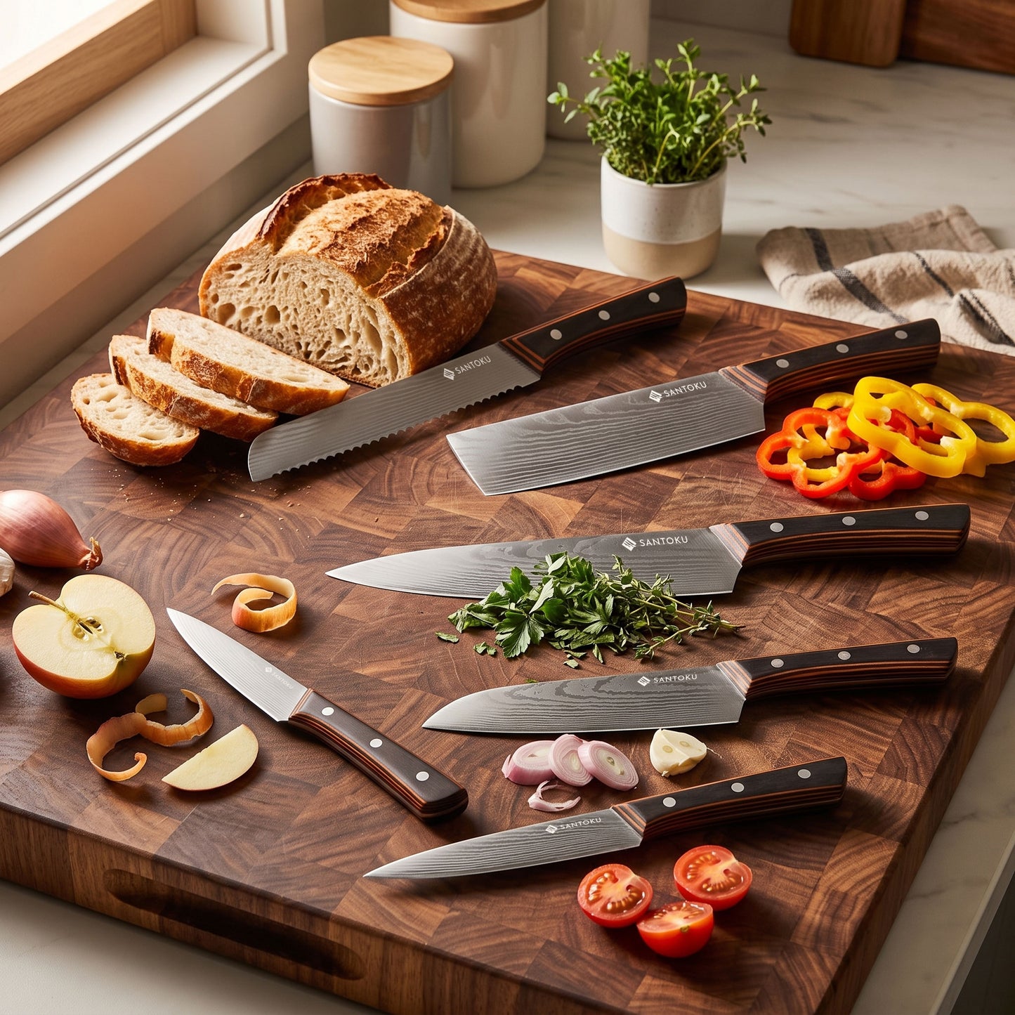 Yuhi Juego de cuchillos de cocina con diseño de Damasco de 6 piezas con mangos de madera de Pakka y caja de regalo