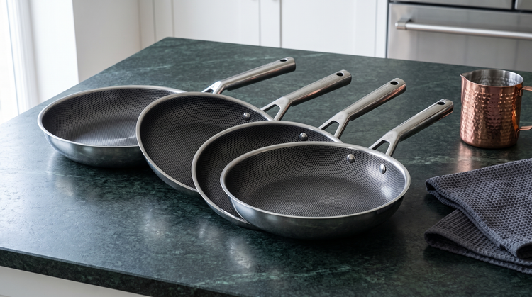 Four Hive Hybrid frying pans in 20cm to 28cm sizes arranged in a row showing their honeycomb stainless cooking surfaces