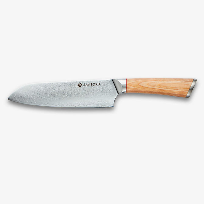 Haruta de 7 pulgadas VG10 Damasco Steel Santoku Cuchillo con mango de madera y vaina