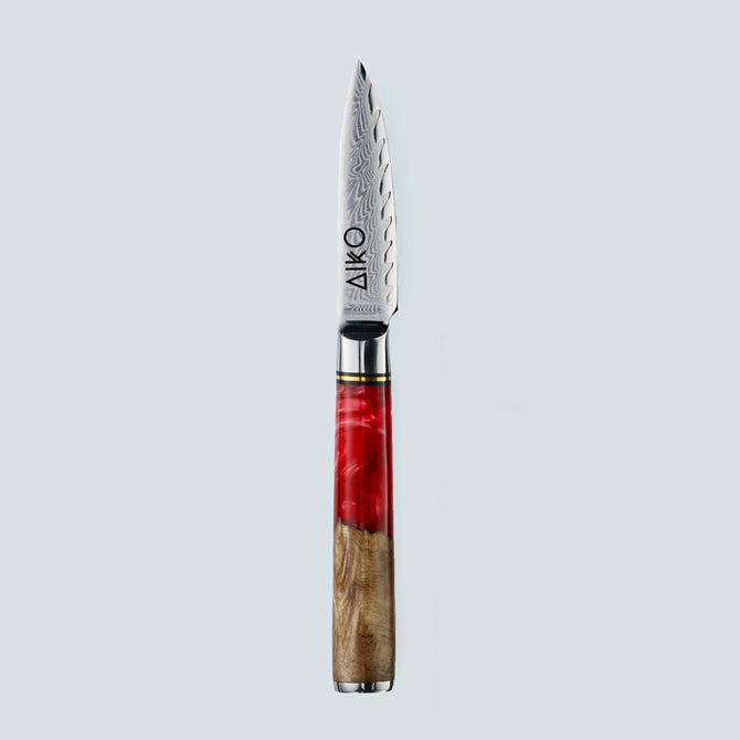 Cuchillo Aiko de acero damasco rojo con mango de resina de color rojo