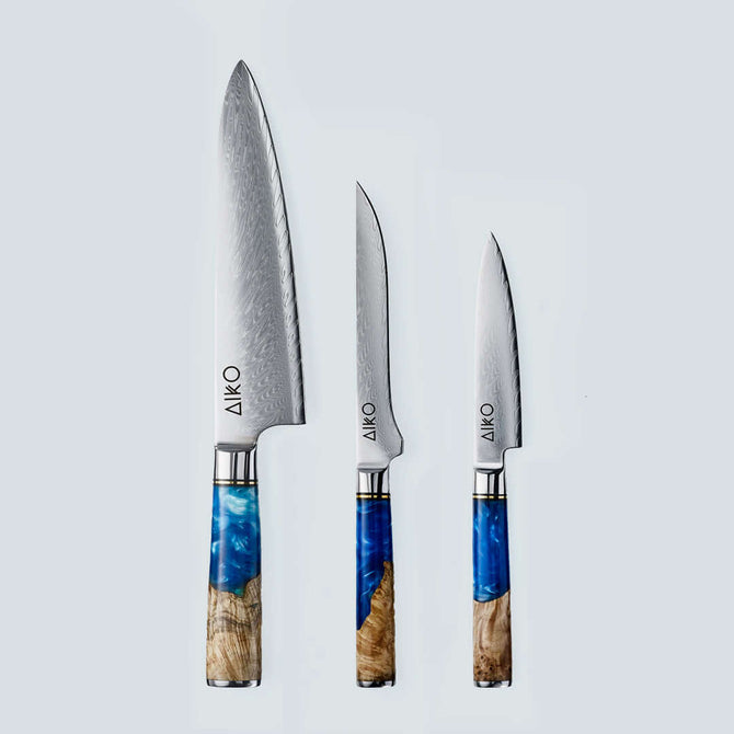 Cuchillo Aiko de Acero Damasco Azul con Mango de Resina de Color Azul