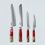 Cuchillo Aiko de acero damasco rojo con mango de resina de color rojo