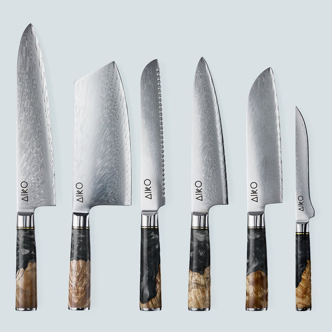 Cuchillo Aiko de acero damasco negro con mango de resina de color negro