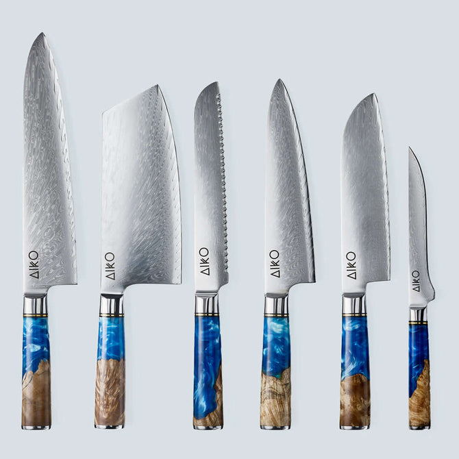Cuchillo Aiko de Acero Damasco Azul con Mango de Resina de Color Azul