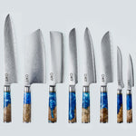 Cuchillo Aiko de Acero Damasco Azul con Mango de Resina de Color Azul