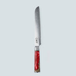 Cuchillo Aiko de acero damasco rojo con mango de resina de color rojo