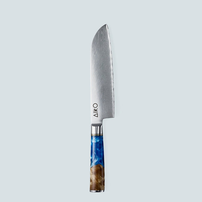 Cuchillo Aiko de Acero Damasco Azul con Mango de Resina de Color Azul