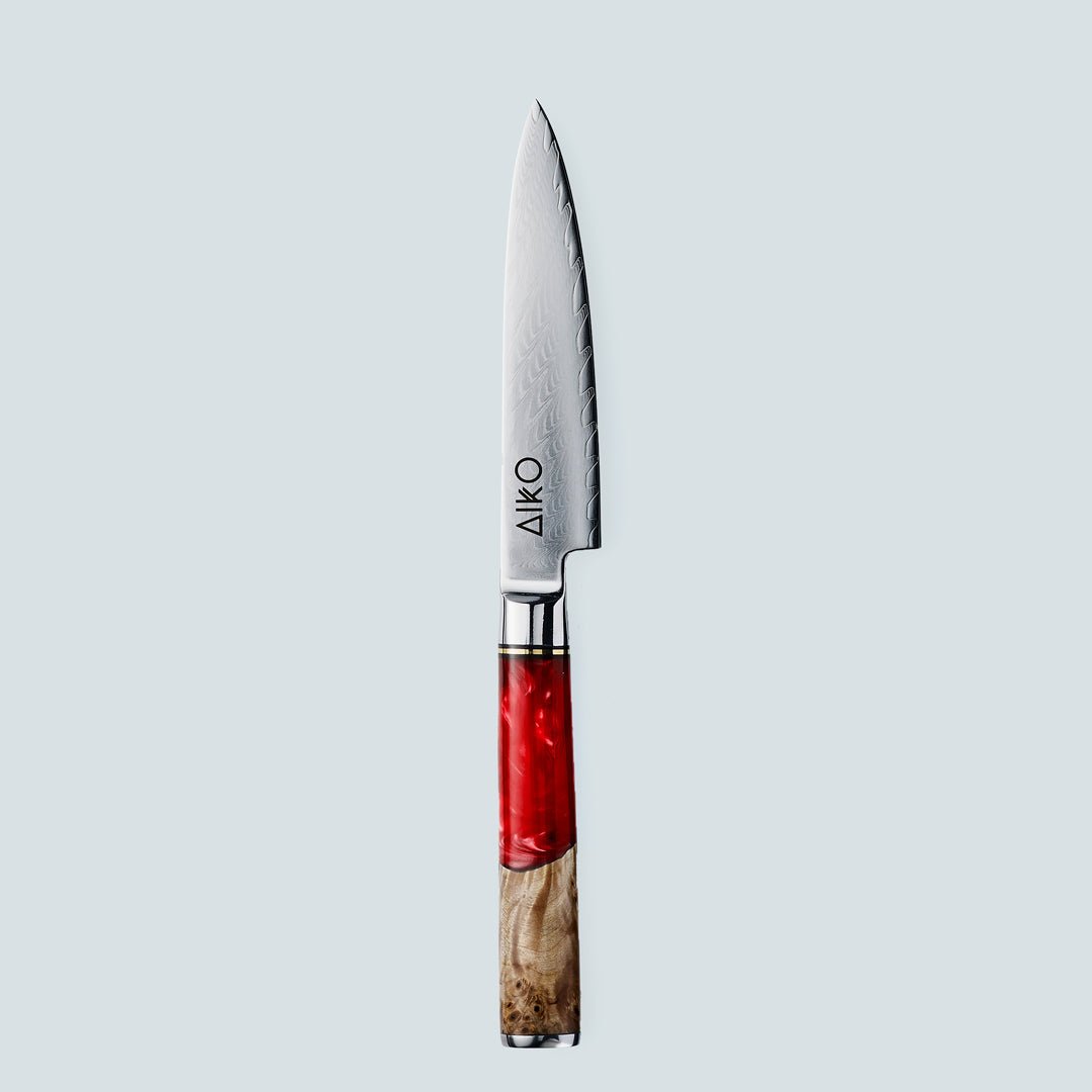 Aiko Red (あいこ, アイコ アイコ アイコ アイコ アイコ) Damasco Steel Knife con mango de resina roja de color