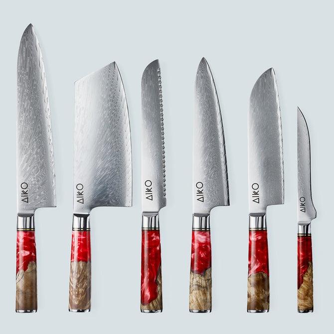 Cuchillo Aiko de acero damasco rojo con mango de resina de color rojo