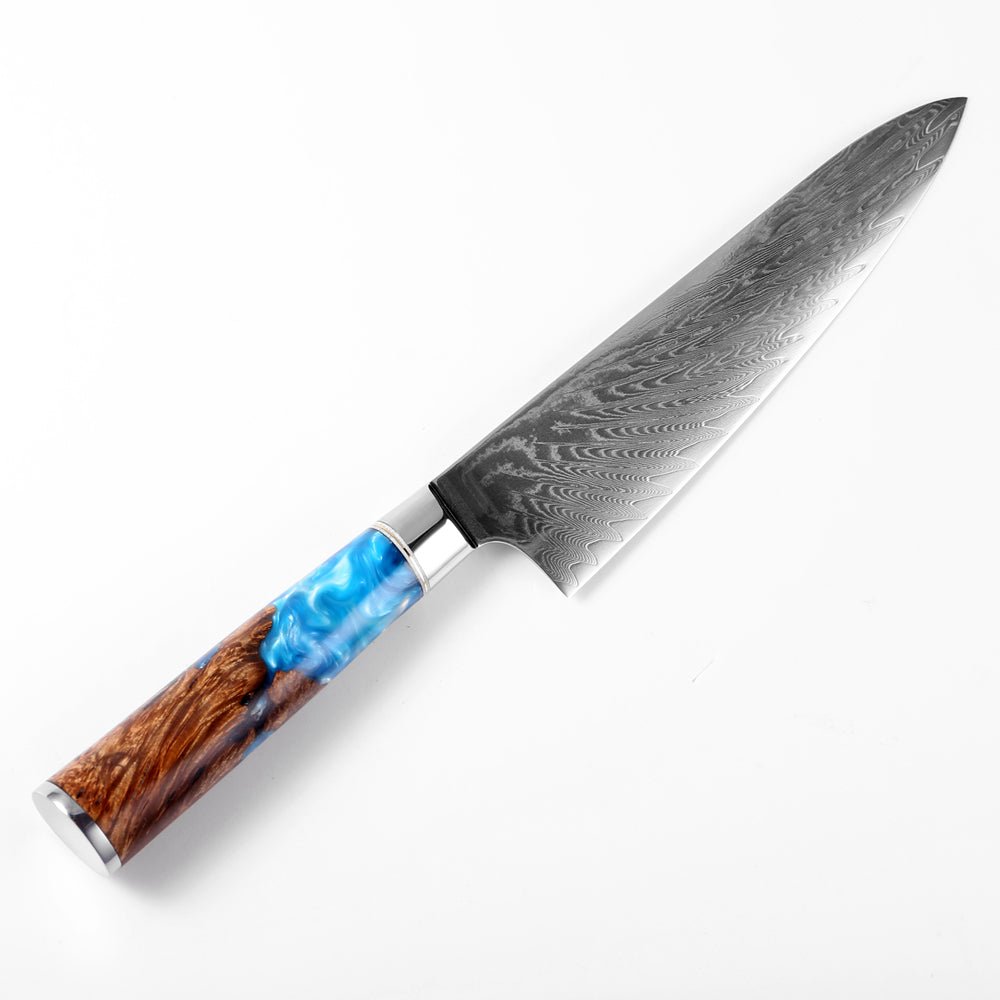 Gyuto (牛刀 牛刀 牛刀 牛刀 牛刀 牛刀 牛刀 牛刀 牛刀 牛刀) Damasco de acero con mango de resina azul de color